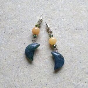 Dark Green Moss Agate Moons + Citrine Beads ~ Unique & Handmade Dangle Earrings